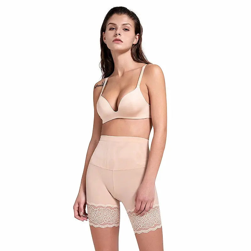 "High-waist body shaper with lace for tummy control and seamless hip lifting."